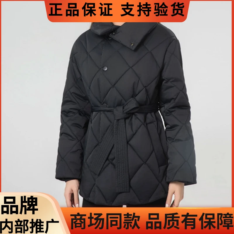 【商场同款】2024秋冬新款黑色休闲系腰带中长款菱格棉服长袖外套女