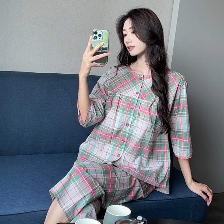 【薄荷】五分袖八分裤睡衣女夏季薄款纯棉外穿女生家居服套装