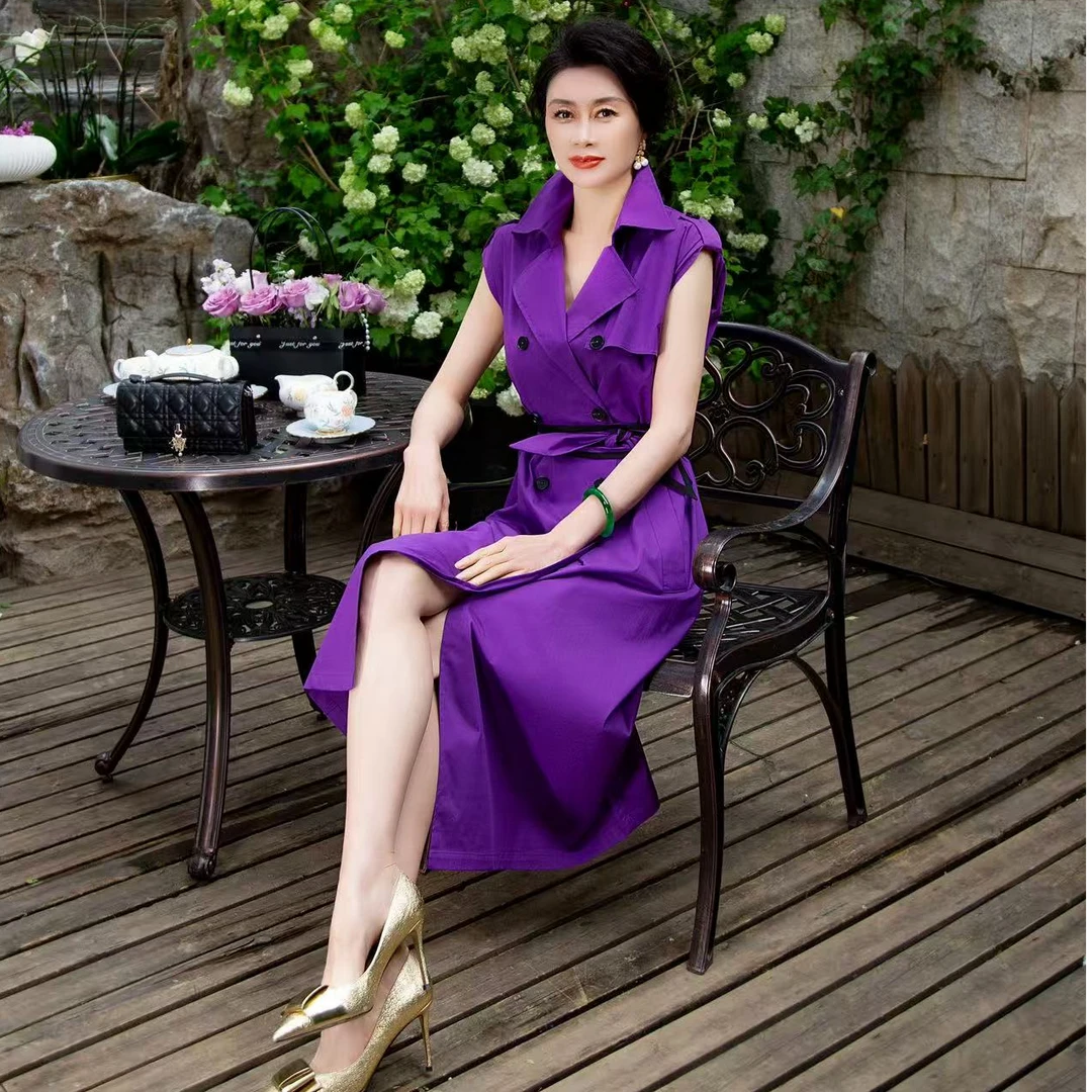 EDFNOT/杨红霞汝意MSZZ紫色无袖束腰风衣52083