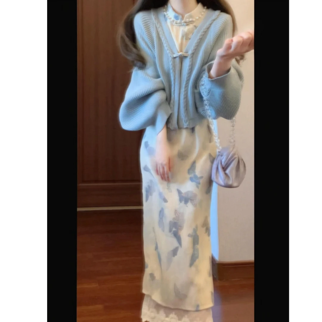 2025秋季新款新中式国风蝴蝶印花旗袍连衣裙女配长袖针织开衫