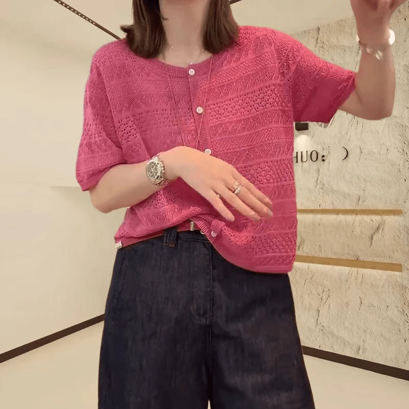 2025百搭镂空显瘦针织衫休闲上衣女夏季慵懒风上衣爆款女短袖9255