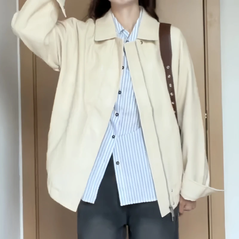 美式复古皮衣外套女秋季新款宽松翻领上衣百搭时尚风机车高级感女