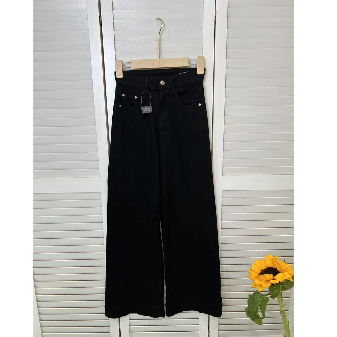 960阔腿牛仔裤女装春季高腰弹力显瘦时尚百搭黑色阔腿牛仔裤