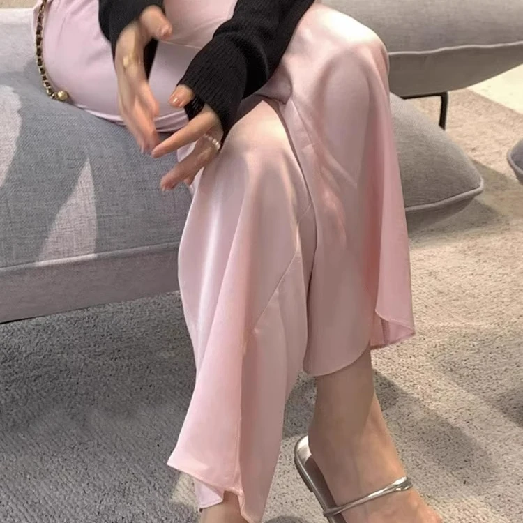 夏薄款冰丝粉色阔腿裤宽松垂感休闲长裤高腰仙仙裤醋酸缎面裤子女