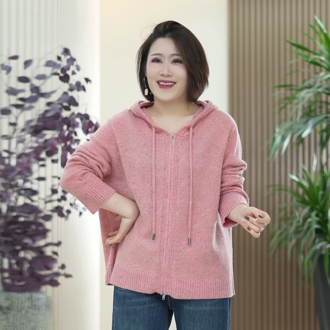 100%全绵羊毛针织衫女双纱合股卫衣连帽保暖冬季显瘦外搭上衣开衫