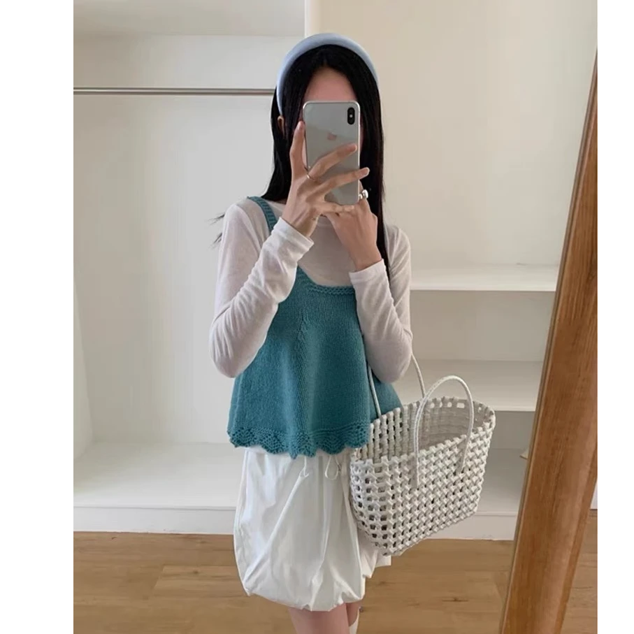 韩版u领花边马甲小背心女春夏叠穿坎肩慵懒风针织吊带上衣259