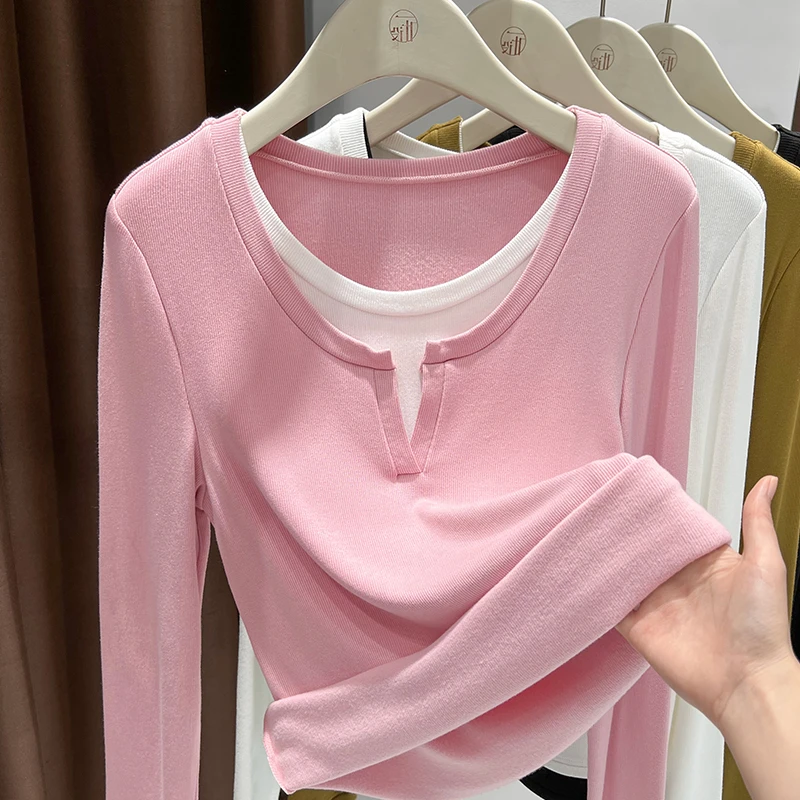 撞色圆领假两件打底衫女爆款2025新款秋季修身显瘦长袖内搭上衣