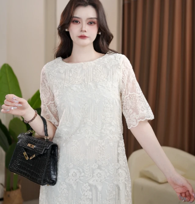 【金金定制】2025新款轻职风蕾丝绣花植物连衣裙汉服时尚百搭提花