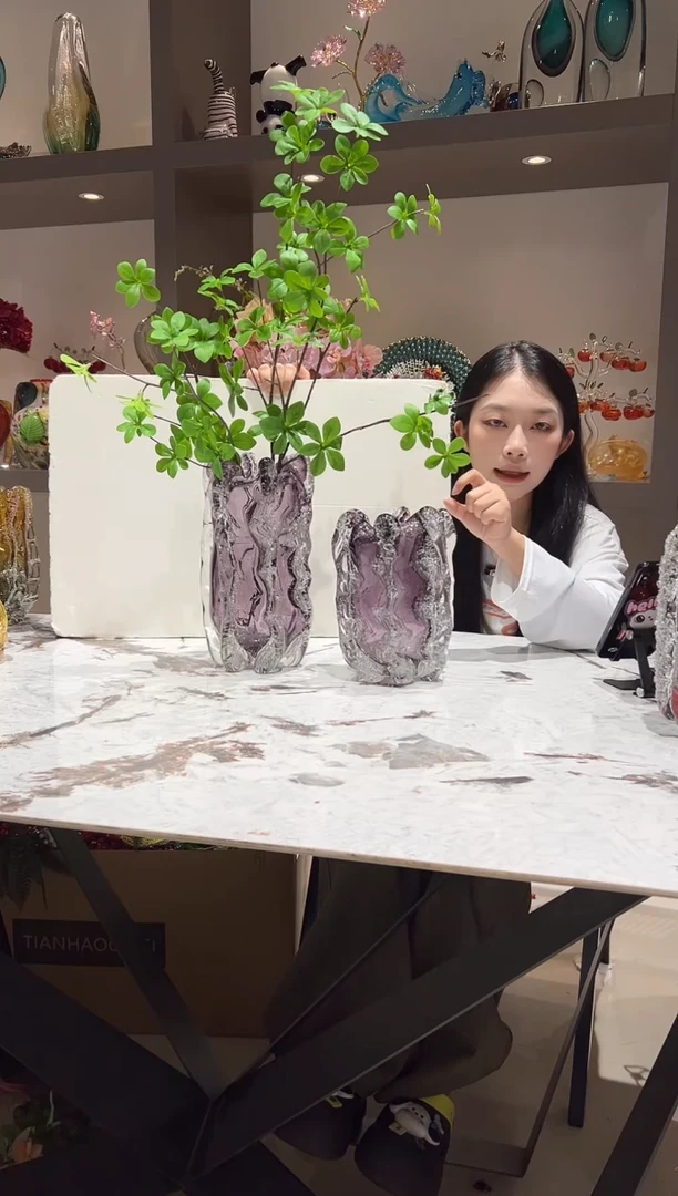烟紫色气泡琉璃花瓶一对