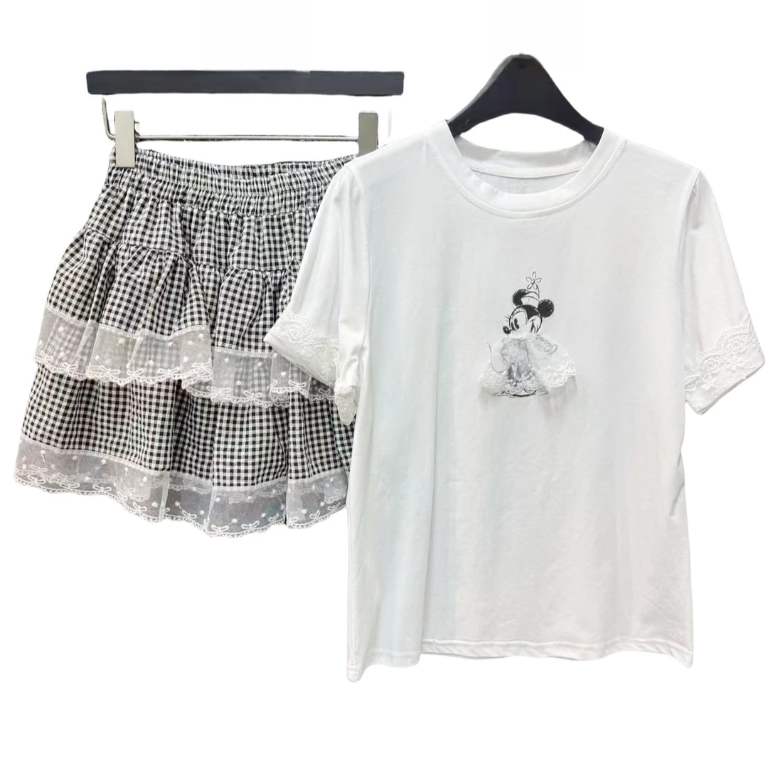 NICE圈圈、立体蕾丝裙米奇Tee+格子拼接半裙套装A8017