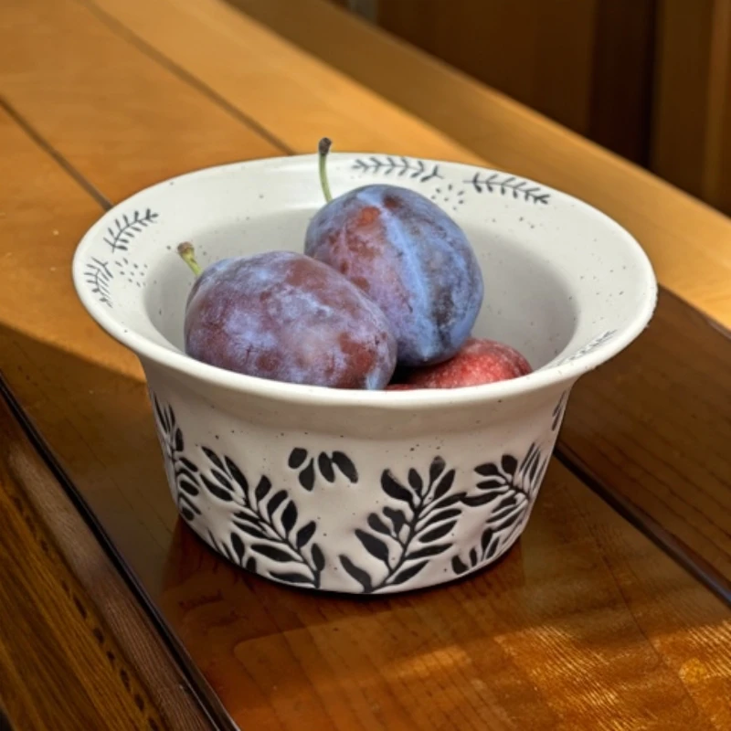 日式复古手作粗陶小碗高颜值手绘树叶甜品碗酸奶水果沙拉碗米饭碗