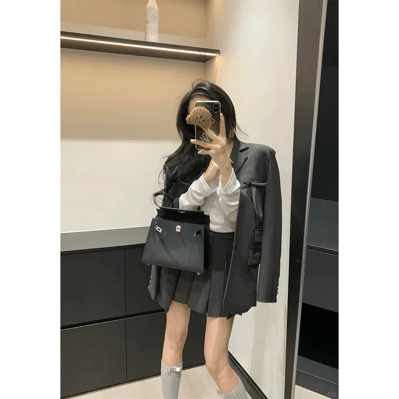 西装外套女2025年名媛小个子休闲西服灰色百褶裙短裙A字裙半身裙