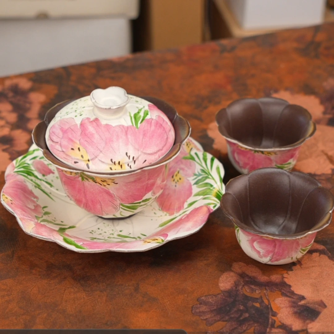 陶安居 联名款手绘鸢尾花老岩泥雕花盖碗 A13742 A13743