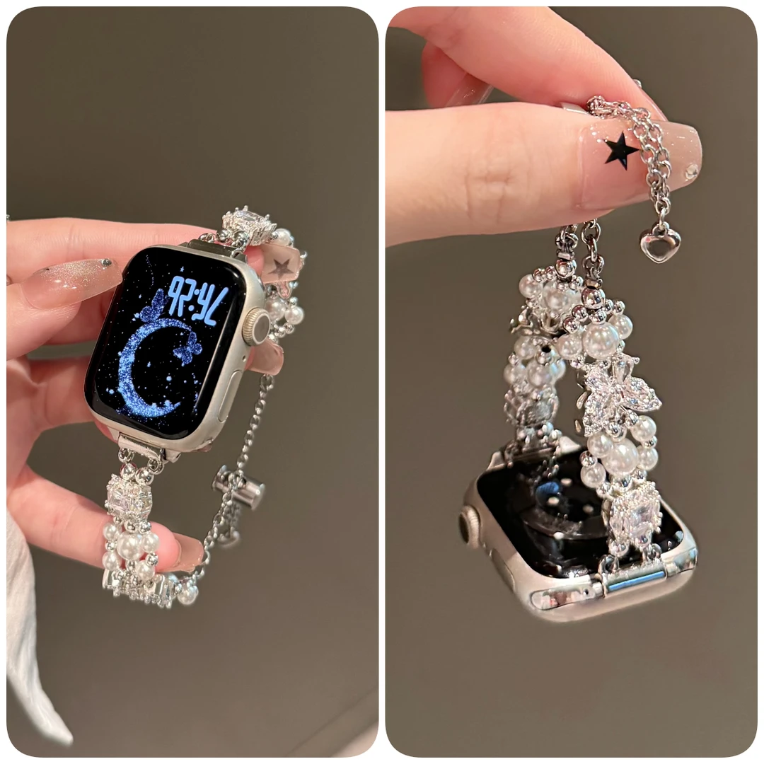 适用华为GT5手表带watch4方糖蝴蝶珍珠pro闪耀锆石fit3链式腕带女