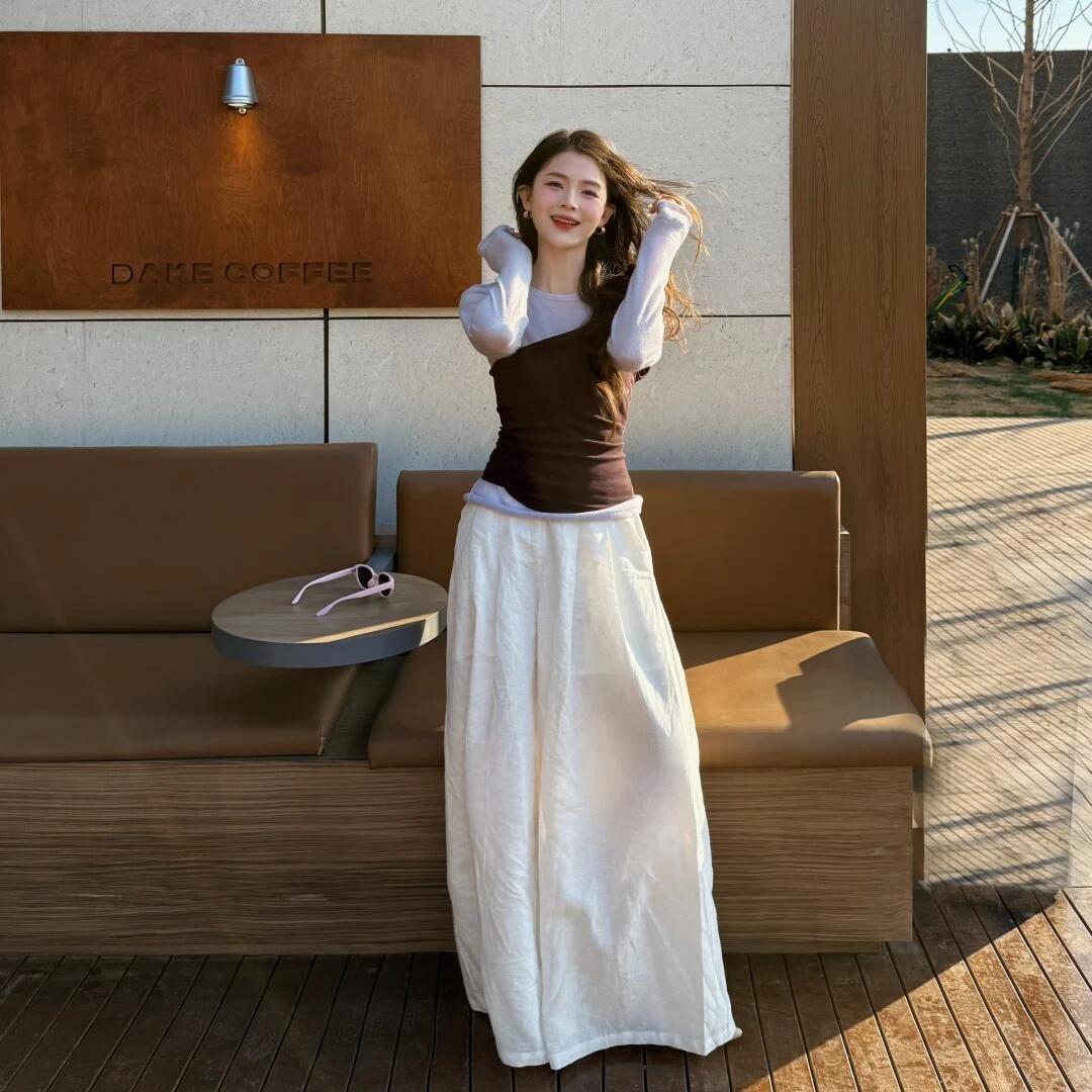 女装禅意仙气飘飘洋气休闲撞色假两件长袖上衣女小众阔腿裤秋季