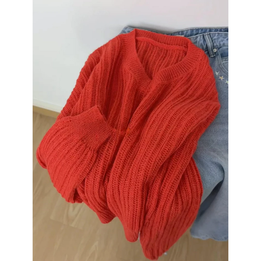 我也不想一直被夸，好美桔红显白毛衣女韩系慵懒V领镂空针织衫上衣