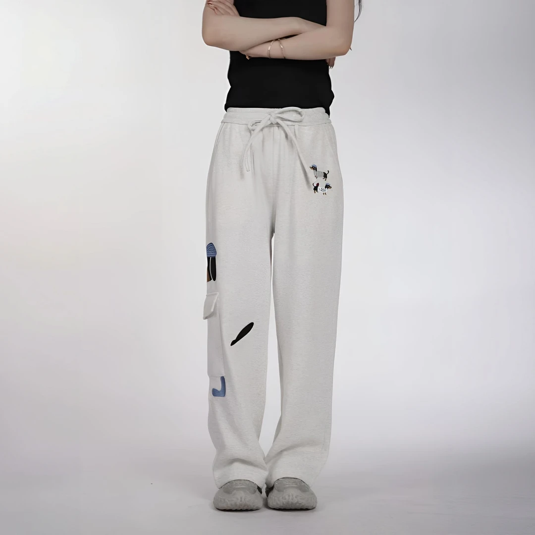 加绒耐磨中腰宽松狗狗抗皱宽松型直筒松紧带刺绣阔腿裤口袋工装裤