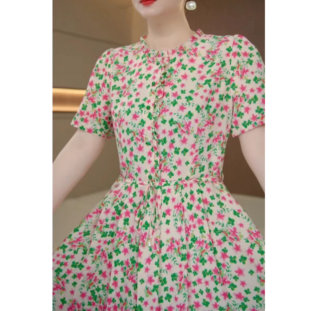 金枝玉叶短袖连衣裙遮肉显瘦减龄时髦气质中长款连衣裙KK5689