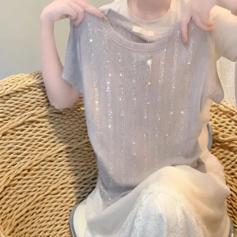 新款灰色重工烫钻设计感圆领T恤独特小众上衣女装LK2504483