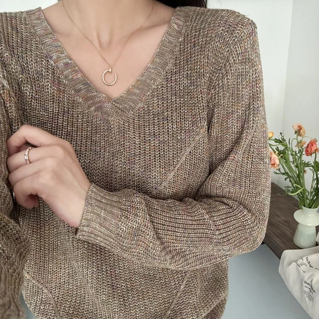幻彩星空V领新款元宝针套头衫长袖气质百搭时尚宽松春季显瘦针织