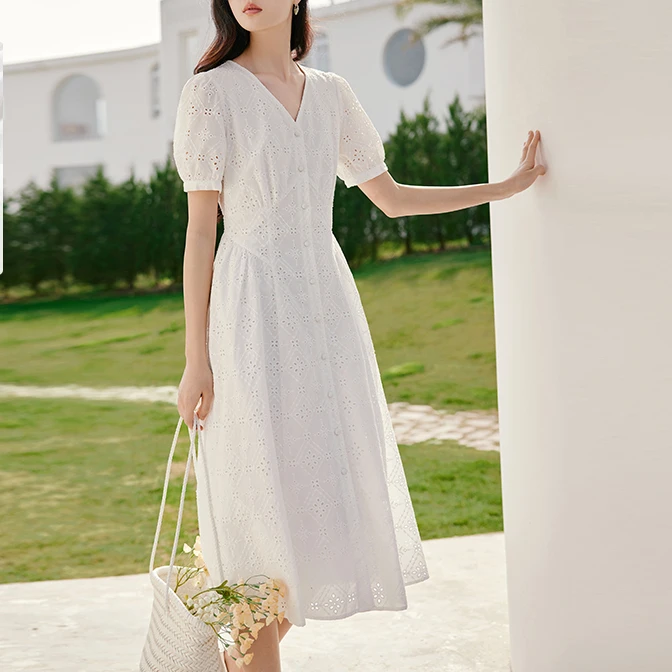 L85S426连衣裙 香影v领连衣裙女夏装新款气质泡泡袖初恋镂空小