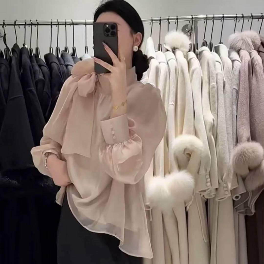 设计款蝴蝶结雪纺衬衫女早春2025新款高级感上衣泡泡袖衬衫