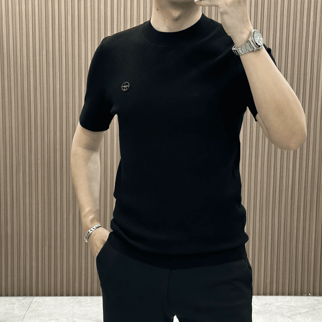 简约时尚男士商务休闲半袖针织衫2025爆款轻奢圆领套头短袖毛衣潮