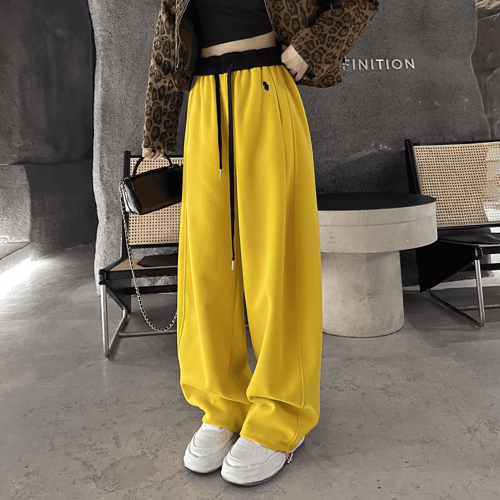 【花花专属】刺绣拼色高腰美式束脚两穿阔腿裤休闲裤2559T