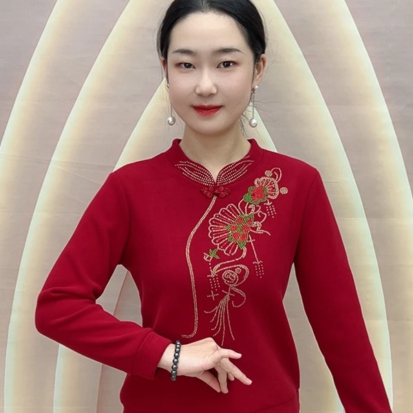 1123冬季新款国风烫钻盘扣加绒加厚宽松版上衣打底衫妈妈装