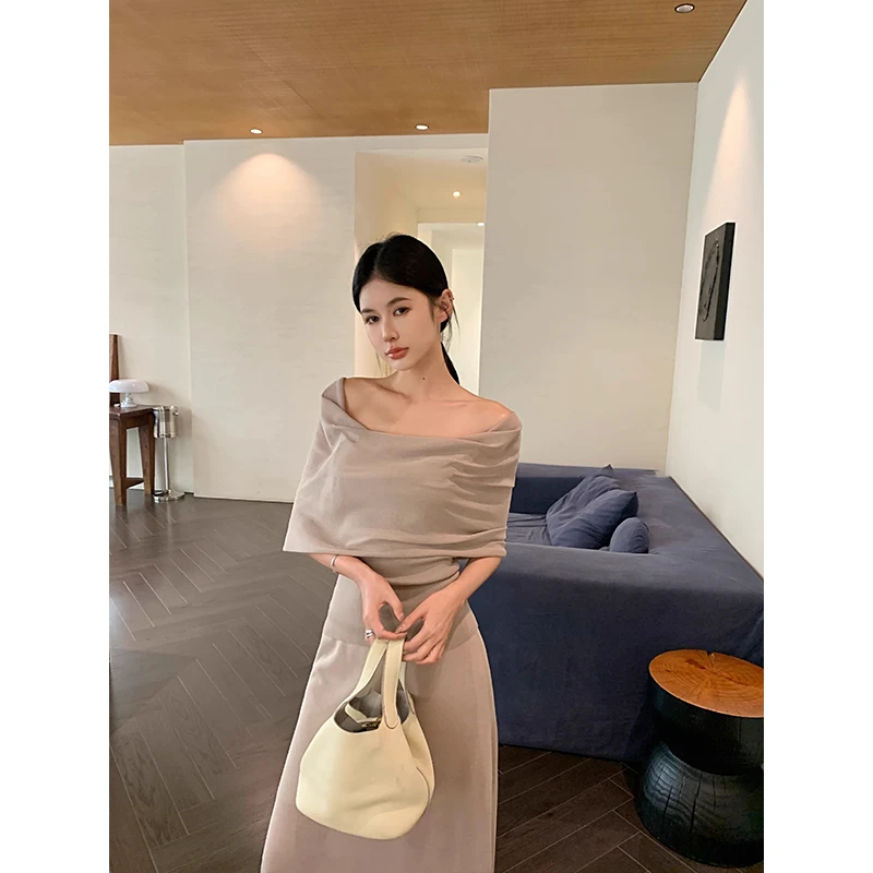 新款韩版气质不规则荡领上衣简约半身裙套装女夏高级感休闲两件套