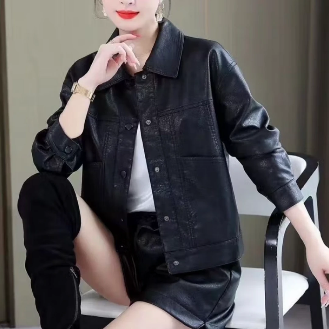 女士新款高档春秋翻领休闲皮衣