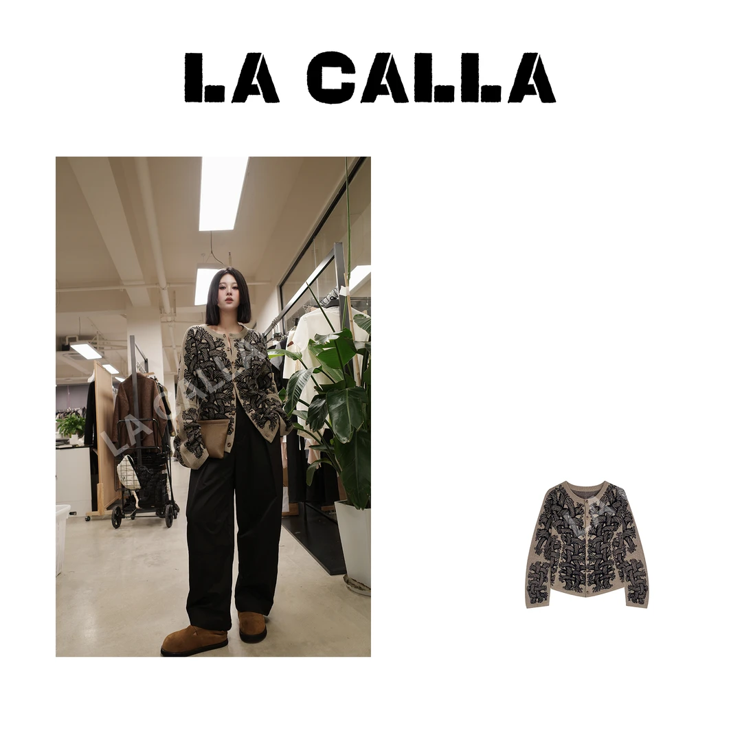 LA CALLA扭绳针织外套花色黑灰色秋冬季修身毛织开衫外套L1369