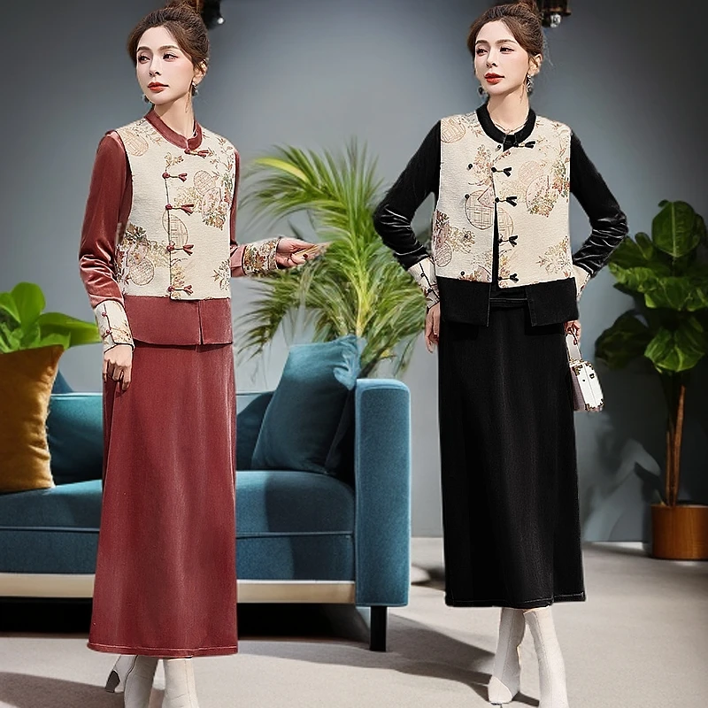 套装女2025春秋新款妈妈时尚洋气高端中式国风马甲上衣裙子三件套