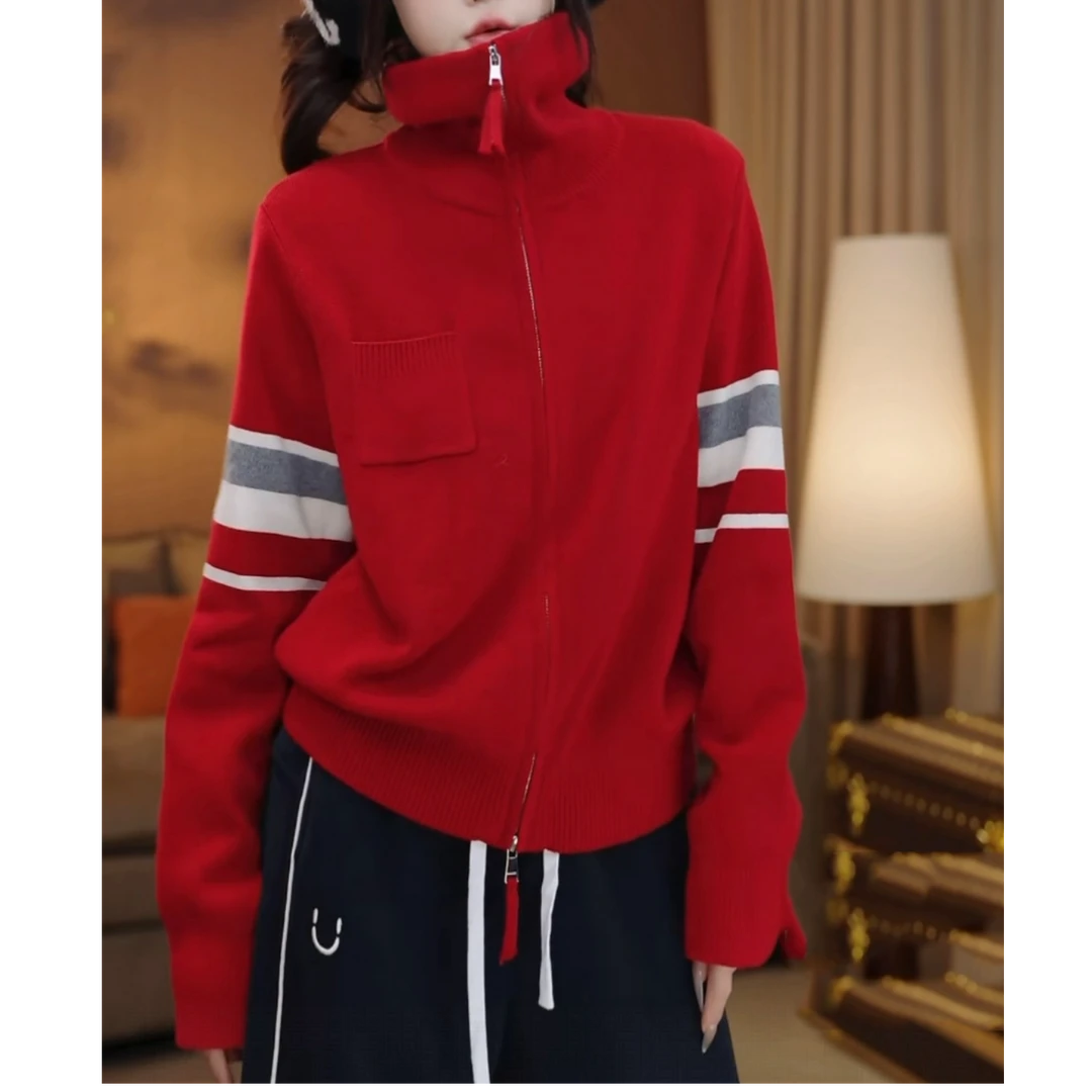 2025秋冬新款时尚百搭厚款保暖针织开衫高级感撞色双拉链毛衣外套