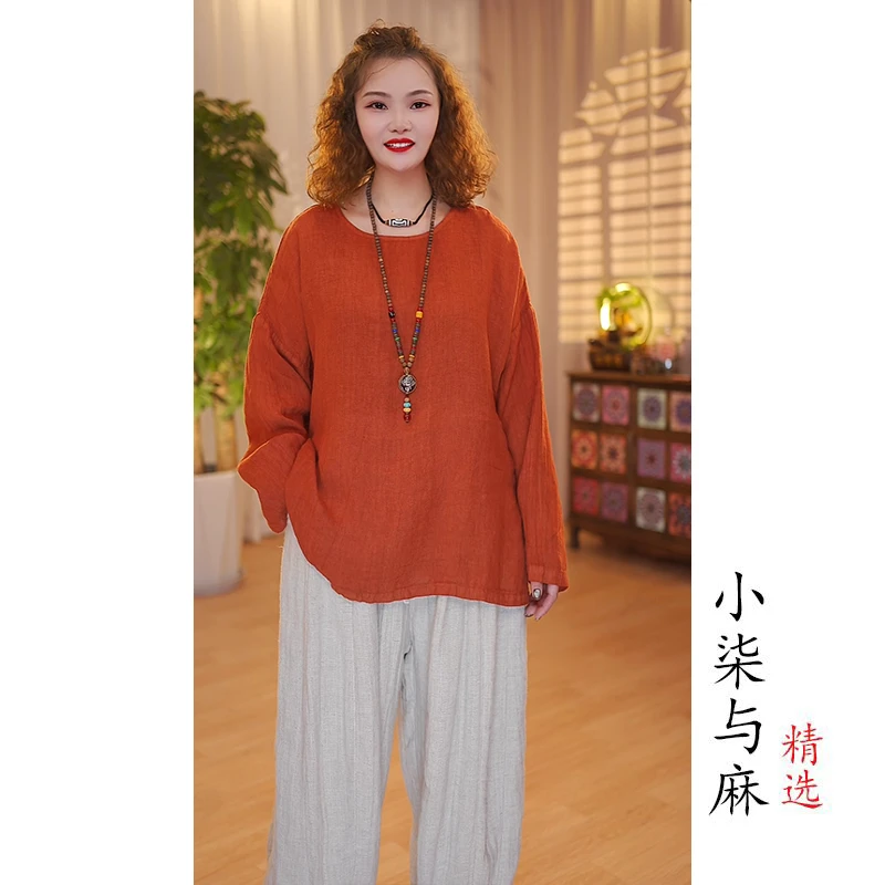 【小柒与麻】100干洗亚麻秋季圆领来去缝小衫（衣长63cm胸围128cm）