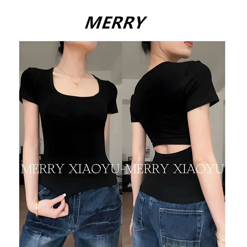 小鱼【甜辣镂空】小众设计露背上衣辣妹夏季收腰显瘦正肩T恤