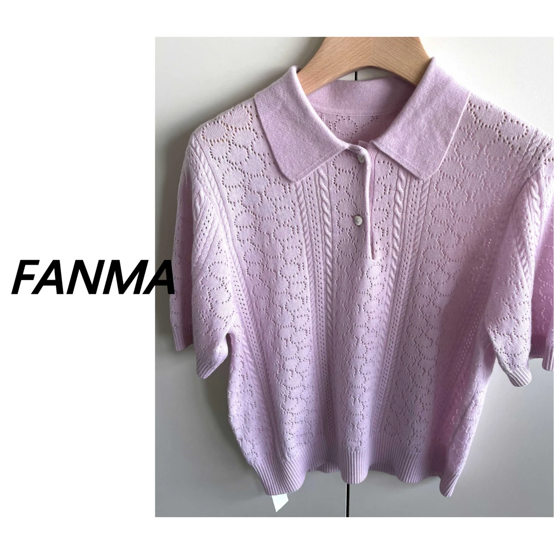 #镂空设计# 新款翻领中袖羊毛针织衫 百搭女士上衣 F200-1N2060
