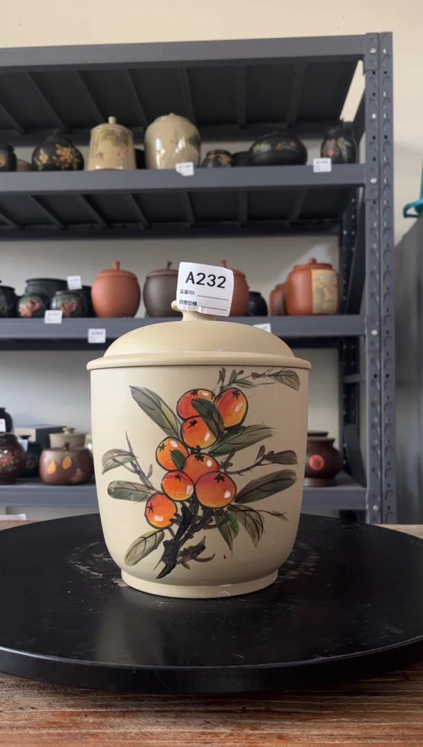建水紫陶白泥彩绘精品茶罐A232