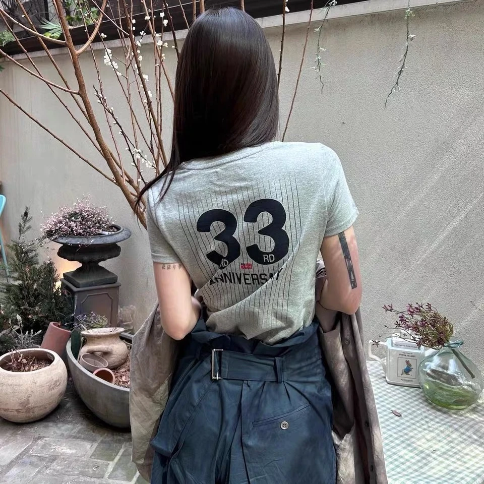 白色短袖T恤女竖条纹前后印花休闲百搭圆领上衣美式复古设计感潮