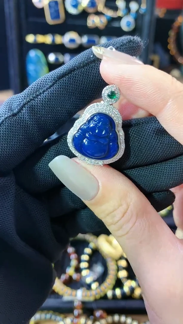 【闪购商品】琥珀珠宝奇石银S925镶嵌多米尼加皇家蓝佛公吊坠