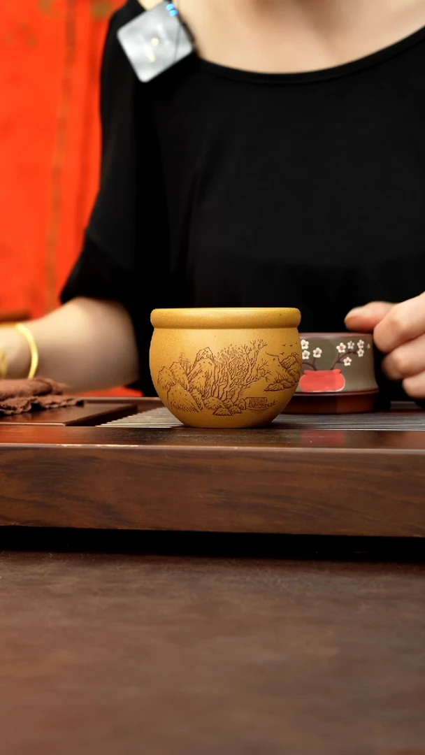 茶壶紫砂黄金段泥刻绘口袋杯