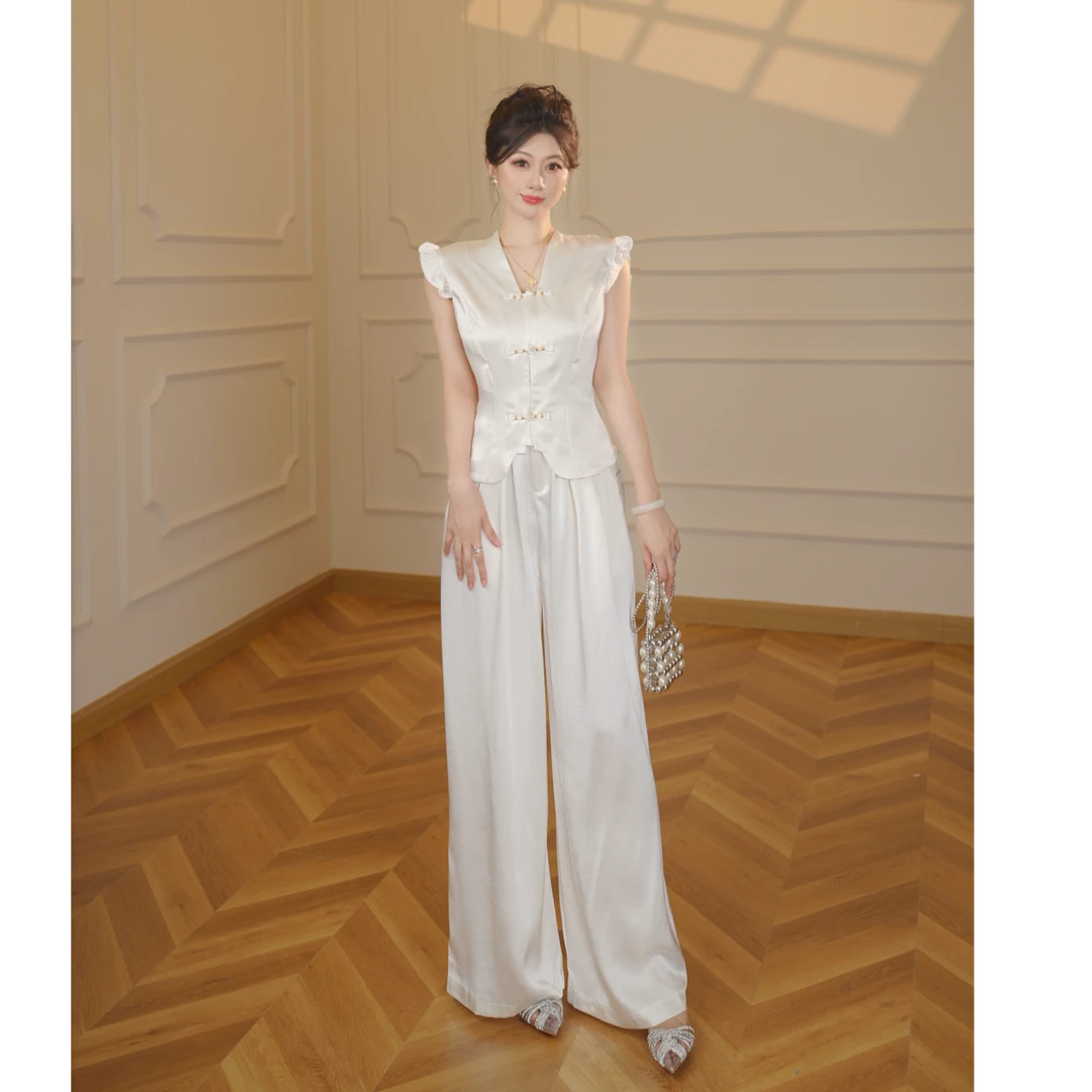 【张小小】【两件套】2025夏季新中式时尚短袖T恤设计款裤子套装D2054