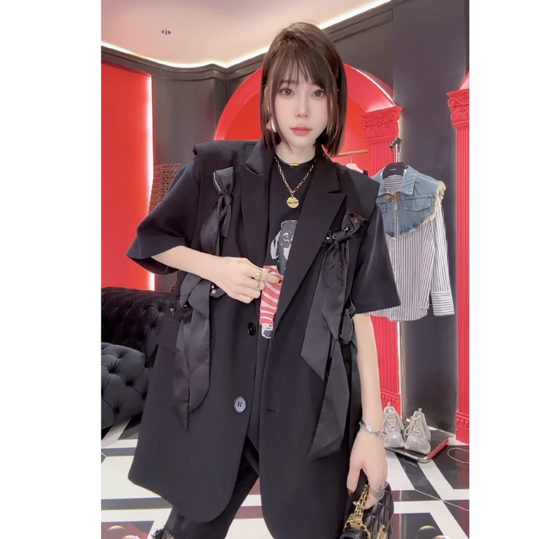 马甲秋季新款设计感拼接蝴蝶结西装翻领无袖外套中长款上衣5780