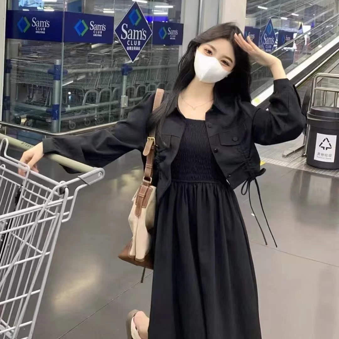 大码法式复古吊带连衣裙2025新款女春季套装裙子胖mm遮肚显瘦长裙