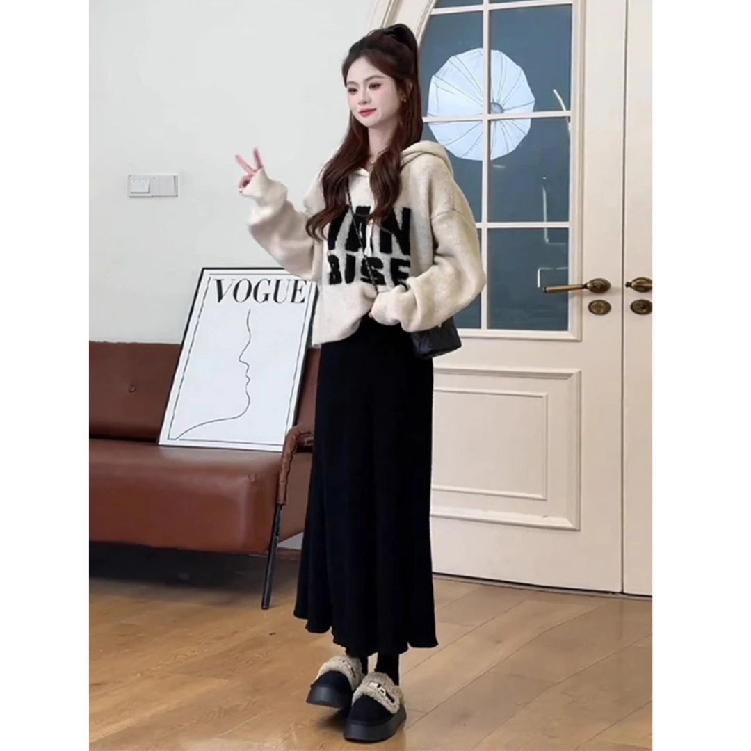 深秋初冬套装高级感小个子慵懒风宽松加厚连帽毛衣半身裙两件套潮