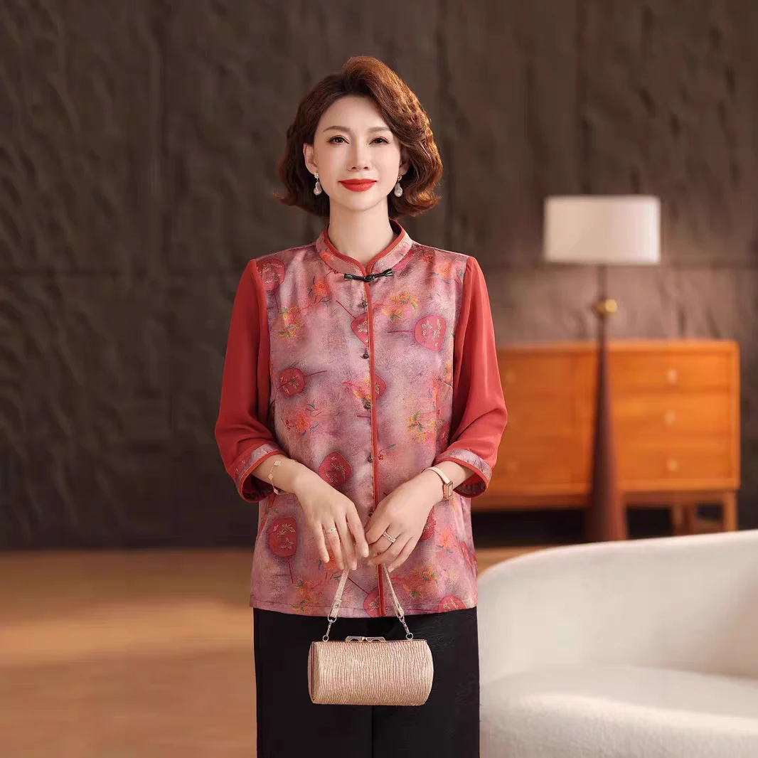 50026-1【幽红国风】宽松中老年女装印花夏季植物花卉衬衫宽松型