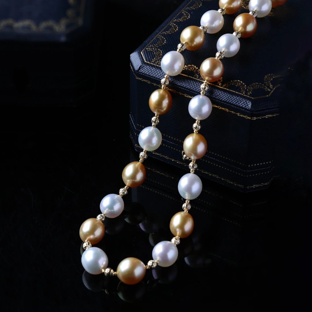 天然海水混彩珍珠项链9-11mm18k金镶嵌时尚澳白金珠项链高定款