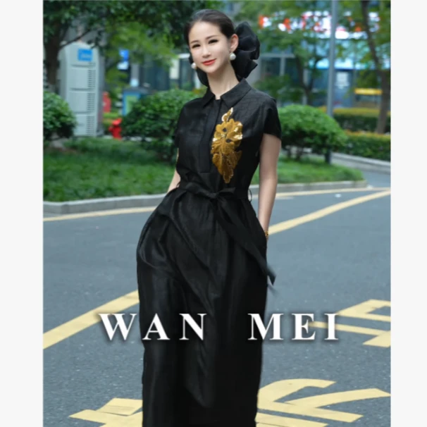 龟裂纹香云纱长裙时尚翻领收腰气质长裙XY325261衣长122cm 250g