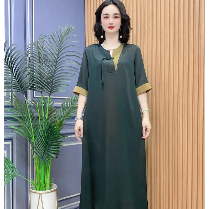 2025V领连衣裙夏季新款阔太太轻奢风中长裙洋气妈妈减龄裙子67