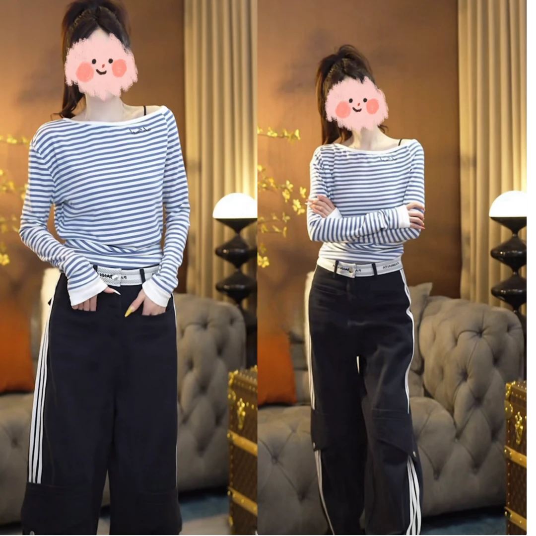 2025春季新款时尚气质条纹长袖T恤洋气减龄女上衣百搭高腰休闲裤